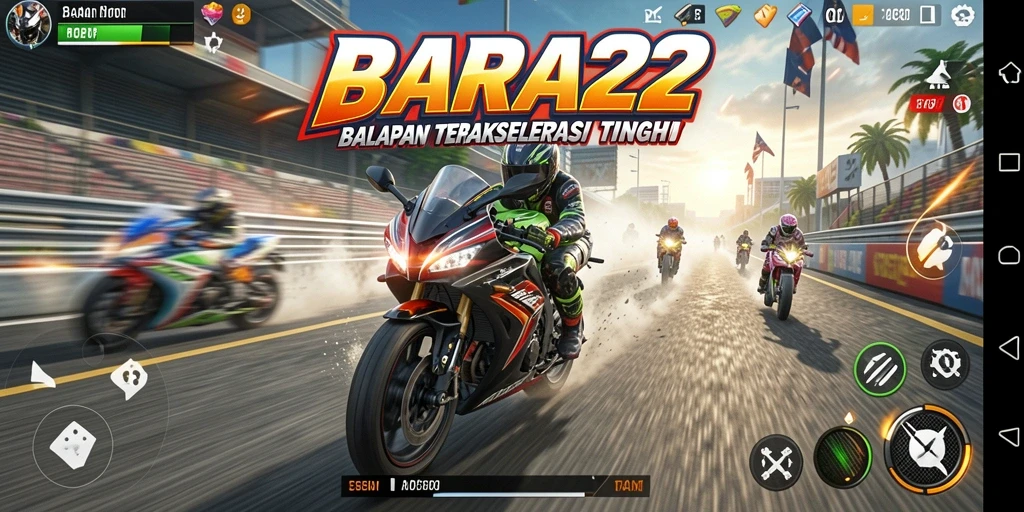 Screenshot gameplay BARA22 dengan aksi balap motor yang seru.