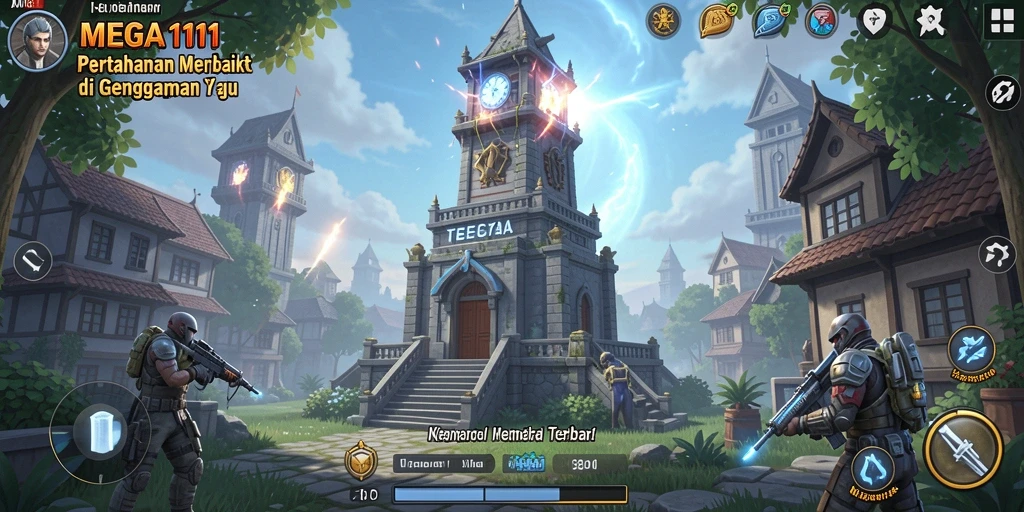 Tangkapan layar utama MEGA111 menampilkan aksi menegangkan dalam Tower Defense.